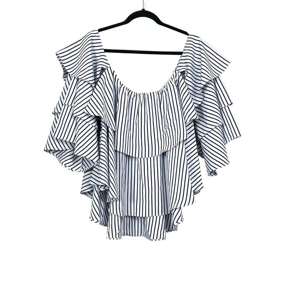 Ina Tops - INA Blouse Womens Small Blue White Striped Off Shoulder Ruffle Tiered Top